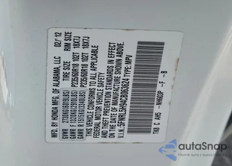 2012 Honda Odyssey Touring z USA, uszkodzony, nr VIN 5FNRL5H94CB063624